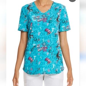 Dr. Seuss Scrub Top Shirt Cat in the Hat Thing One And Two V-neck Aqua Blue M